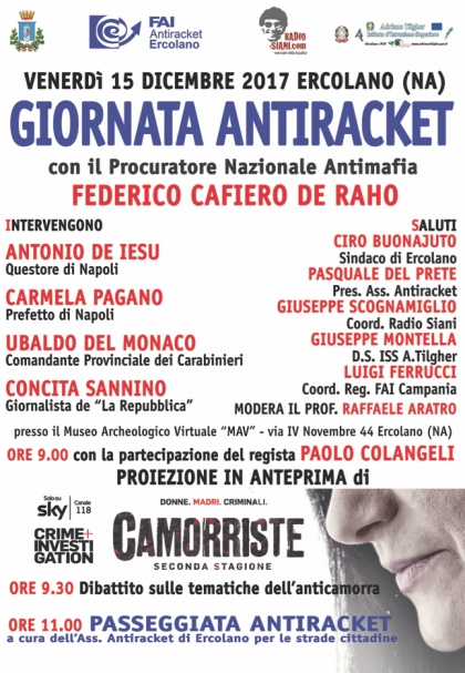 Ercolano: la Giornata Antiracket con il Procuratore Antimafia Cafiero De Raho ed il regista di &quot;Camorriste&quot; Colangeli